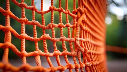 detailed shot of a vibrant orange rope net hanging in a graceful curve showcasing its prominent strong knots and uniform square