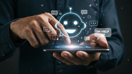 Person using a smartphone with a digital chatbot interface and speech bubbles displayed above screen