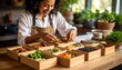 © Kholifah - Happy female chef meticulously preparing a variety of healthy meal prep bento boxes in a modern kitchen.