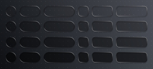 set of black liquid glass morphism user interface elements. Abstract dark pattern with transparent buttons for ui design.