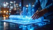 © Abdul Rosid - Futuristic architectural concept with an engineer or architect interacting with a digital projection of a building on a blueprint, symbolizing smart city planning, construction technology,
