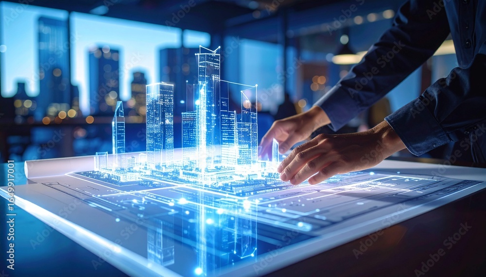 A futuristic architectural concept featuring a glowing holographic ...