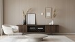 © jaead - Modern living room with sleek dark wood media console white armchair and textured wall