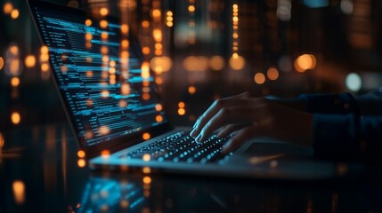 Close-up of hands typing on a laptop with code displayed, blurred city lights in background