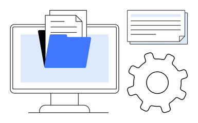 Wall Mural - Computer screen with open folder and documents, gear represents settings, files for organization. Ideal for productivity, technology, data management, workflow, digital tools, IT systems simple flat