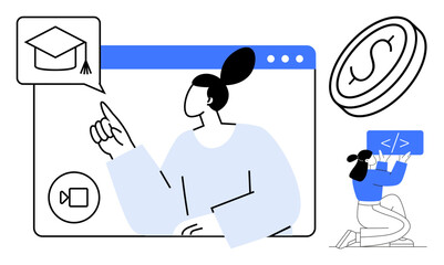 Woman pointing at online educational interface, code learning with small figure, and a coin indicating financial success. Ideal for e-learning, technology, coding, education, growth, online economy