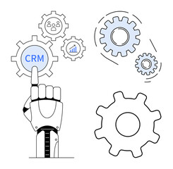 Wall Mural - robotic hand touching crm gear among interconnected gears, analytics icons, and process graphics. id
