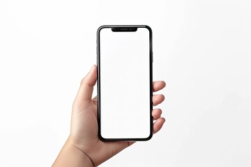 High Detail Visual of Hand Holding Smartphone Blank Display Mock Up Isolated on White
