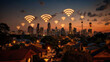 © buraratn - City skyline at sunset with digital Wi Fi signals above buildings, creating modern and connected atmosphere. warm colors of sky enhance urban landscape
