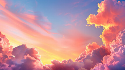 Wall Mural - Vibrant sunset sky filled with colorful clouds, showcasing shades of pink, orange, and purple. soft, fluffy clouds create serene and dreamy atmosphere, perfect for relaxation and inspiration