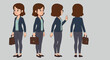 © ImagineerAI - Businesswoman cartoon character turnaround sheet in four poses Female office worker with a briefcase blazer and glasses.