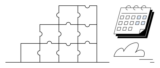 Pyramid of interlocking puzzle pieces, detailed calendar with marked squares, floating cloud illustration. Ideal for planning, teamwork, scheduling, strategy, structure, organization simple landing