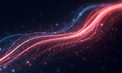 Wall Mural - Vibrant abstract digital waves of red and blue light with sparkling particles, conveying energy and data flow on a dark background.