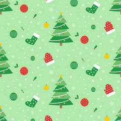Wall Mural - Seamless Christmas pattern.X'mas repeat pattern with trees, snowflakes, stocking, glove, balls and holly leaves isolated on light green background.Joyful festive season, cute winter background.
