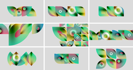 Wall Mural - abstract colorful shapes, gradients, overlapping forms. nine panels display variations, design eleme