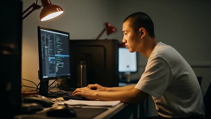 Asian Man Working On Computer In Dark Office With Red Desk Lamp And White Shirt