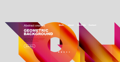 Wall Mural - modern website header design. vibrant geometric shapes, text overlay, navigation menu. clean layout,