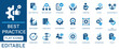 © unique - Best practices icon set. Containing workflow, guidelines, performance, standards, improvement, protocols, procedures and methodology. Perfect for business, training, and process design.