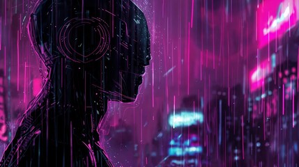 Cyberpunk android silhouette in neon rain with data streams