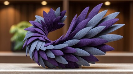 Artistic sculpture with purple and grey overlapping felt petals in a spiral shape