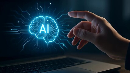 Automatic ai system task processing concept showing digital brain hologram and human hand near laptop keyboard screen