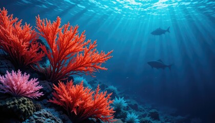 Naklejka na meble Vibrant Coral Reef with Sharks and Sunbeams underwater