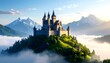 © sarah - Majestic Castle on a Misty Mountaintop, Swiss Alps.