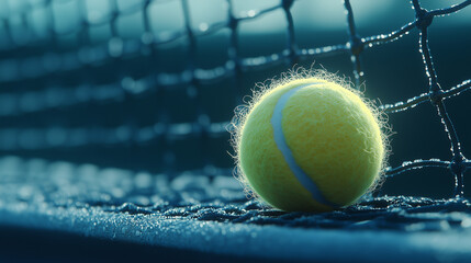 Close up of a yellow tennis ball resting on a tennis net covered in dew drops, glistening in the light.