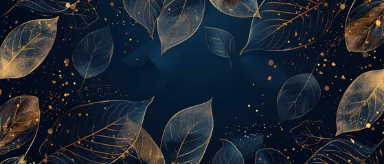 Golden leaves frame on dark blue, bokeh background; website header