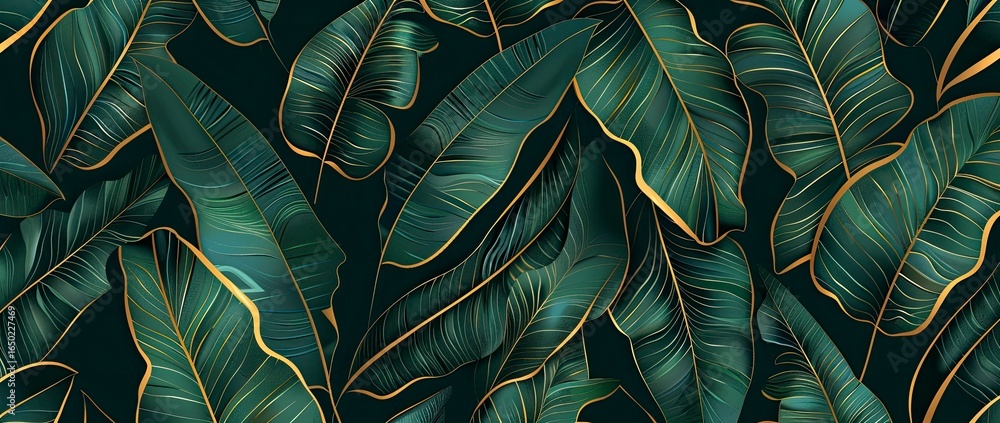 Lush green banana leaves with gold accents, seamless pattern, tropical ...