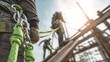 © Gilang - Construction workers secure on framework, focus on green rope and harness