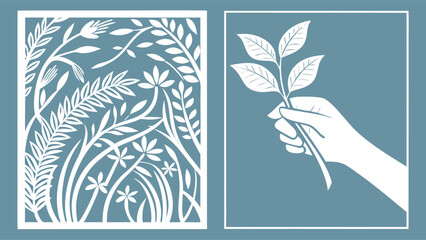 Hand holding a plant branch with decorative floral pattern
