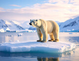 Polar bear standing on an ice floe with a backdrop of snow-capped mountains and icy water.