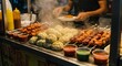 © tea - Street Food Kiosk Dumplings Kebabs Sauces - Delicious street food, steaming dumplings, grilled kebabs, vibrant sauces, savory aromas, cultural culinary experience
