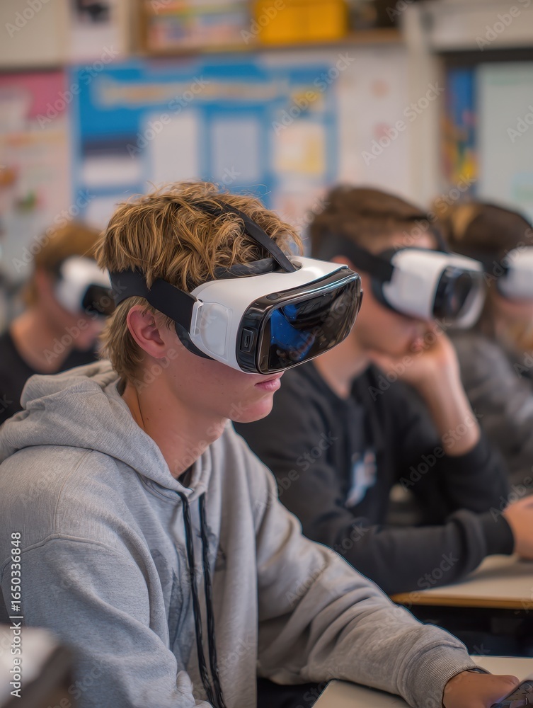 students in a classroom are fully immersed in virtual reality headsets ...