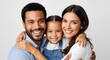 © Bhavesh - Happy family portrait of mother, father, and daughter smiling and hugging together, concept of love, bonding, parenthood, and joyful family lifestyle