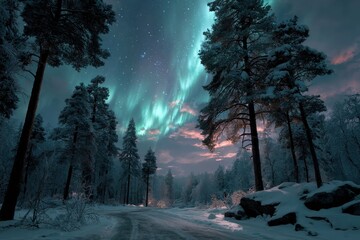 Wall Mural - majestic aurora illuminates a serene winter landscape with snow-covered trees and a tranquil path un