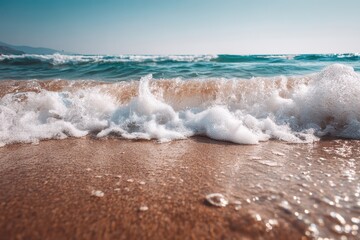 Wall Mural - Waves crashing softly on the sandy beach with a serene ocean backdrop under a clear sky during a bright sunny day