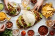 © Iftikhar alam - Friends gather for a festive Mexican taco dinner with delicious toppings and snacks shared at a cozy table setting in the evening