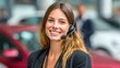 © Johannes - beautiful customer support wearing headset and looking at camera portrait of smiling woman customer service representative working with cars in background call enter operator at car rental office no