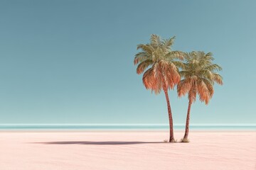 Wall Mural - Tropical paradise with palm trees on a serene sandy beach under a clear blue sky at midday, perfect for relaxation and escape