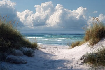 Wall Mural - Peaceful beach with white sands and gentle waves under a clear blue sky adorned with fluffy clouds