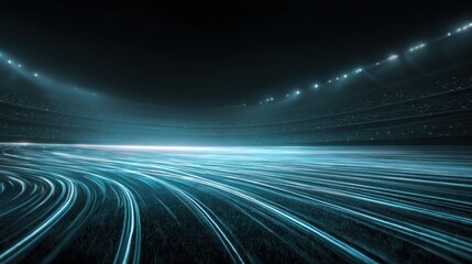 Wall Mural - a futuristic view of a stadium illuminated with blue light trails, creating a dynamic and abstract a
