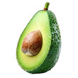 © Abu - Close-up of a halved avocado, glistening with water droplets.  The pit is prominently displayed, nestled within the creamy flesh.  A vibrant green hue envelops the fruit