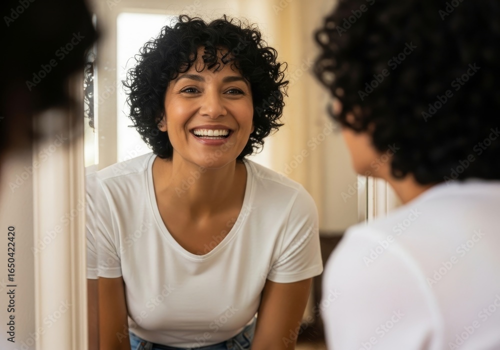Woman Smiling at Reflection in Mirror - A happy woman with short curly ...