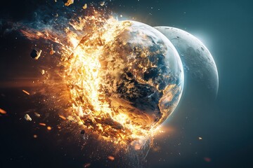 fiery earth disintegration and burning moon surface with exploding blue cosmic atmosphere in dark sc