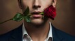 © Dahab - Handsome elegant man in a suit holding a red rose in his mouth. A romantic and seductive Valentine's Day gesture.