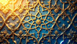 © HENDRANTO - An elegant Islamic geometric pattern with luxurious gold and blue tones, enhanced by 3D light and shadow depth. Perfect for Islamic events, Ramadan, Eid celebrations, or decorative design themes.