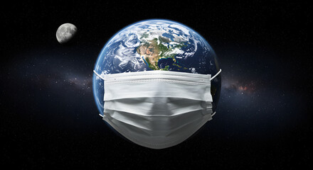 Wall Mural - digital artwork of planet Earth in outer space wearing a white medical face mask, symbolizing global pandemic and health awareness.