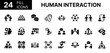 © ICON WORLD - Collection of 24 Human interaction fill icons featuring editable strokes. These outline icons depict various modes of Human interaction, Communication, People, Connection, Friends, Chat, Bonding,